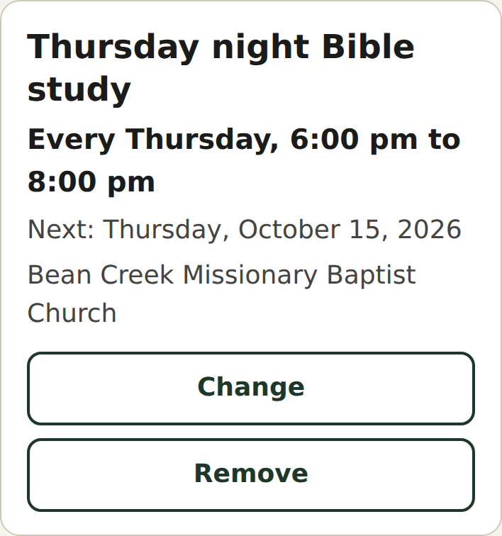 An event with the Change and Remove buttons