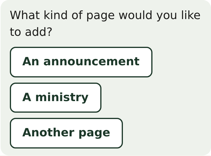 The helper asks what kind of page to add